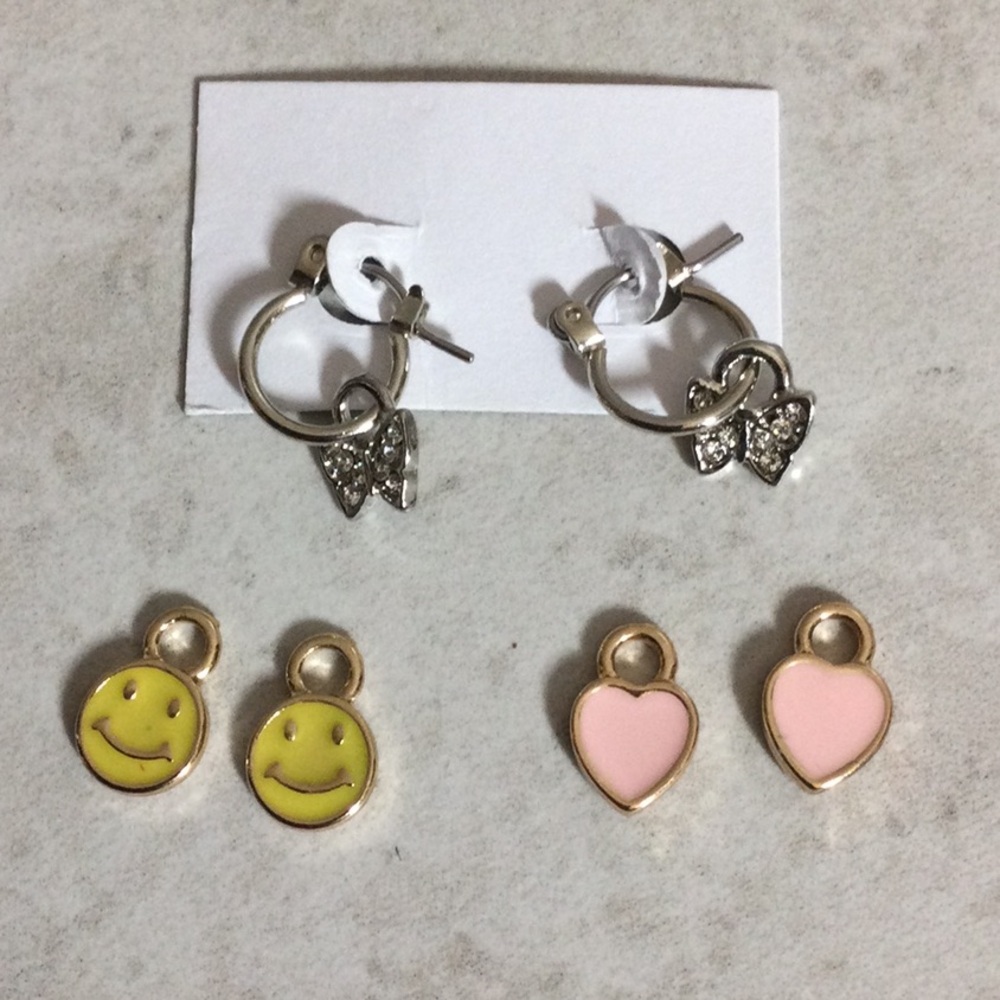 NWT silver hoops with butterfly, smiley face and pink heart drops